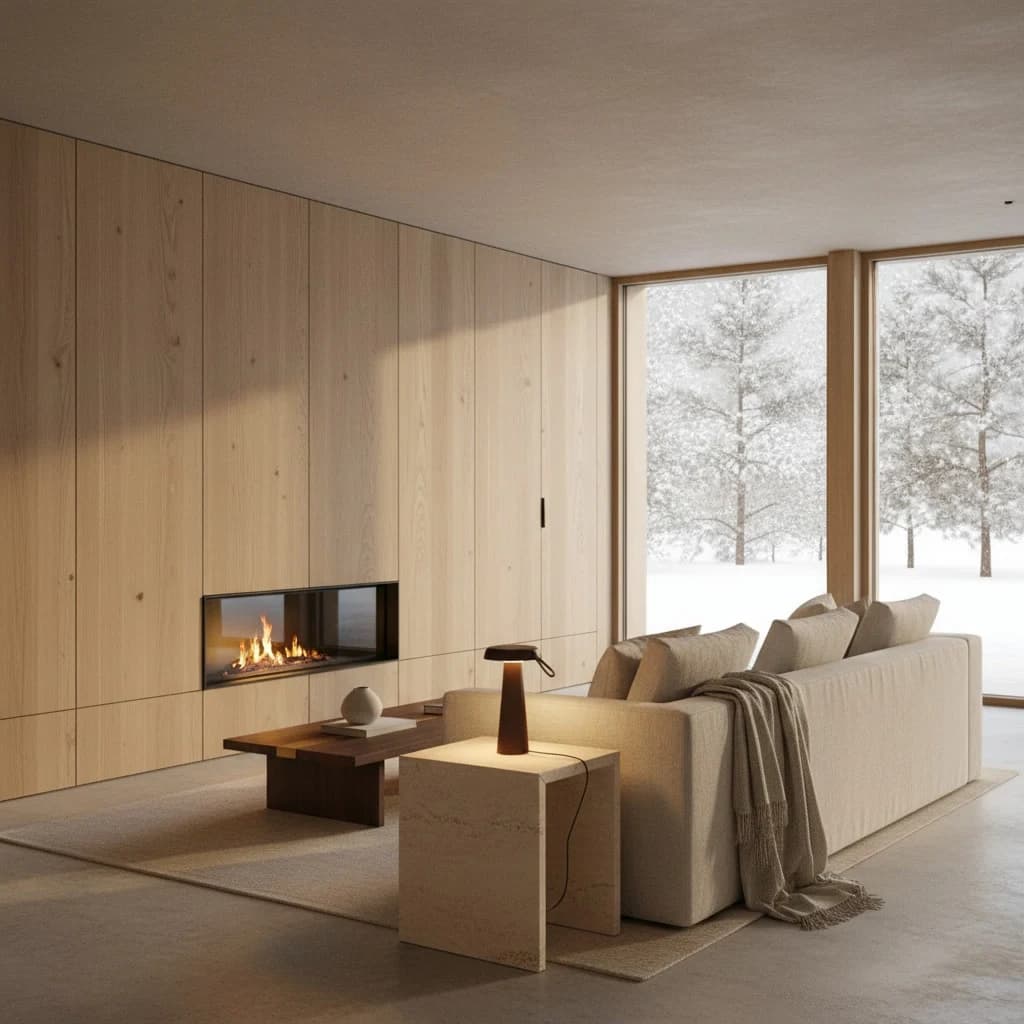 Warm wooden Scandinavian winter interior with cozy ambient lighting